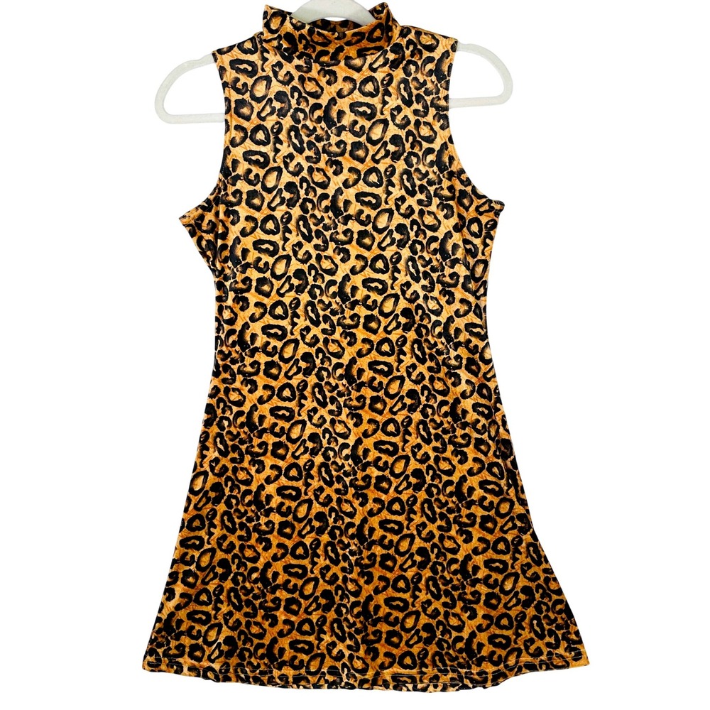 Pia USA Womens Leopard Print Mock Neck Sleeveless Mini Shift Dress Brown Black